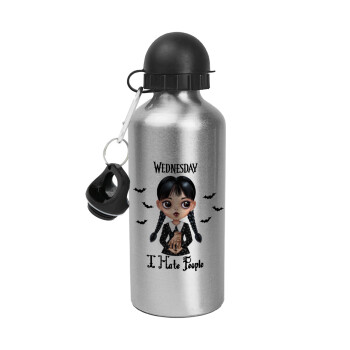 Wednesday Adams, i hate people, Metallic water jug, Silver, aluminum 500ml