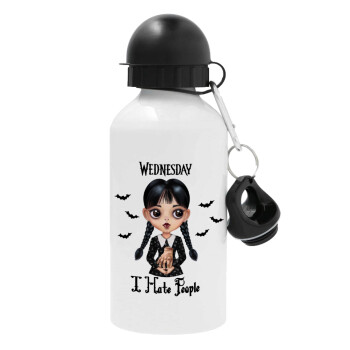 Wednesday Adams, i hate people, Metal water bottle, White, aluminum 500ml