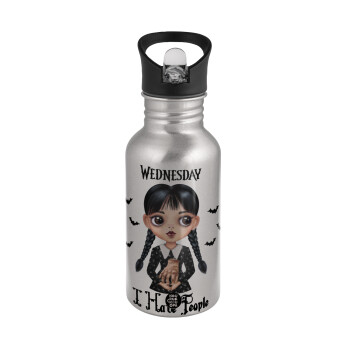 Wednesday Adams, i hate people, Water bottle Silver with straw, stainless steel 500ml