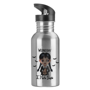 Wednesday Adams, i hate people, Water bottle Silver with straw, stainless steel 600ml