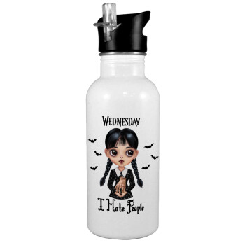 Wednesday Adams, i hate people, White water bottle with straw, stainless steel 600ml