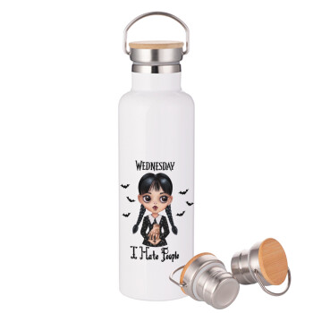 Wednesday Adams, i hate people, Stainless steel White with wooden lid (bamboo), double wall, 750ml