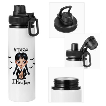 Wednesday Adams, i hate people, Metal water bottle with safety cap, aluminum 850ml