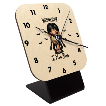 Wednesday Adams, i hate people, Quartz Table clock in natural wood (10cm)