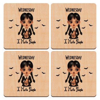 Wednesday Adams, i hate people, ΣΕΤ x4 Σουβέρ ξύλινα τετράγωνα plywood (9cm)