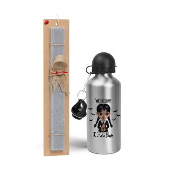 Wednesday Adams, i hate people, Easter Set, metallic silver aluminum water bottle (500ml) & aromatic flat Easter candle (30cm) (GRAY)