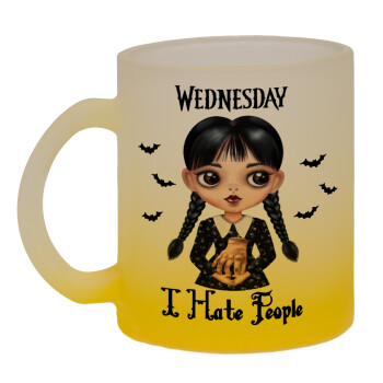 Wednesday Adams, i hate people, Κούπα γυάλινη δίχρωμη με βάση το κίτρινο ματ, 330ml