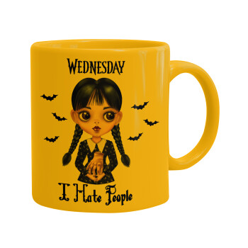 Wednesday Adams, i hate people, Ceramic coffee mug yellow, 330ml (1pcs)