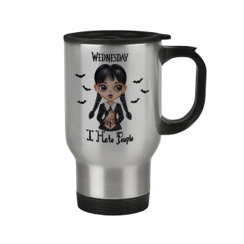 Wednesday Adams, i hate people, Stainless steel travel mug with lid, double wall 450ml