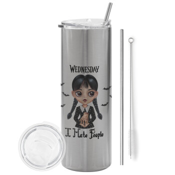 Wednesday Adams, i hate people, Eco friendly ποτήρι θερμό Ασημένιο (tumbler) από ανοξείδωτο ατσάλι 600ml, με μεταλλικό καλαμάκι & βούρτσα καθαρισμού