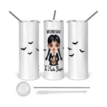 Wednesday Adams, i hate people, 360 Eco friendly ποτήρι θερμό (tumbler) από ανοξείδωτο ατσάλι 600ml, με μεταλλικό καλαμάκι & βούρτσα καθαρισμού