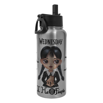 Wednesday Adams, i hate people, Metal mug thermo Silver with Straw and Spout Lid (Stainless steel), double wall, 950ml