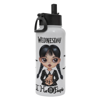 Wednesday Adams, i hate people, Metal mug thermo White with Straw and Spout Lid (Stainless steel), double wall, 950ml