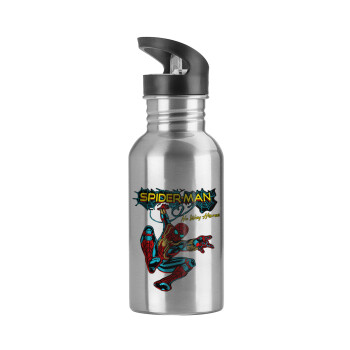 Spiderman no way home, Water bottle Silver with straw, stainless steel 600ml