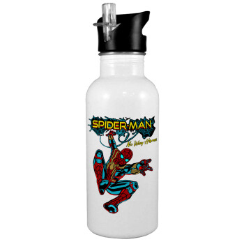 Spiderman no way home, Παγούρι νερού Λευκό με καλαμάκι, ανοξείδωτο ατσάλι 600ml