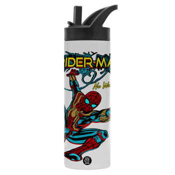 Spiderman no way home, Μεταλλικό παγούρι θερμός με καλαμάκι & χειρολαβή, ανοξείδωτο ατσάλι (Stainless steel 304), διπλού τοιχώματος, 600ml
