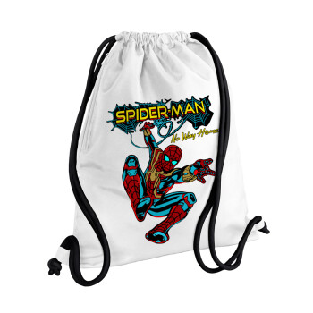 Spiderman no way home, Τσάντα πλάτης πουγκί GYMBAG λευκή, με τσέπη (40x48cm) & χονδρά κορδόνια