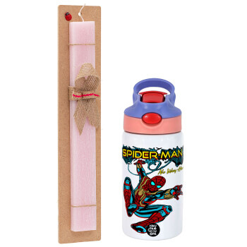Spiderman no way home, Πασχαλινό Σετ, Παιδικό παγούρι θερμό, ανοξείδωτο, με καλαμάκι ασφαλείας, ροζ/μωβ (350ml) & πασχαλινή λαμπάδα αρωματική πλακέ (30cm) (ΡΟΖ)