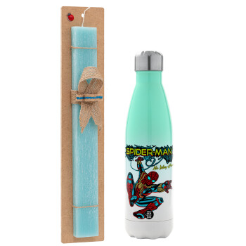 Spiderman no way home, Easter Set, Metallic green/white thermos (Stainless steel), double-walled, 500ml & scented flat Easter candle (30cm) (TURQUOISE)