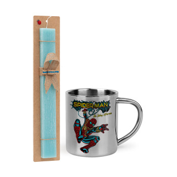 Spiderman no way home, Easter Set, metallic thermal cup (300ml) & aromatic flat Easter candle (30cm) (TURQUOISE)