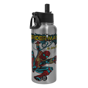 Spiderman no way home, Metal mug thermo Silver with Straw and Spout Lid (Stainless steel), double wall, 950ml