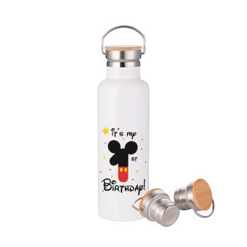 Disney look (Number) Birthday, Stainless steel White with wooden lid (bamboo), double wall, 750ml