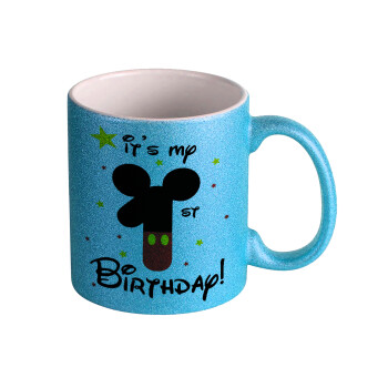 Disney look (Number) Birthday, Κούπα Σιέλ Glitter που γυαλίζει, κεραμική, 330ml