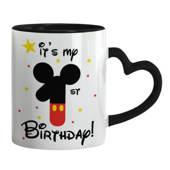 Disney look (Number) Birthday, Κούπα καρδιά χερούλι μαύρη, κεραμική, 330ml