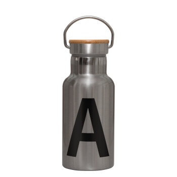 Μονόγραμμα , Stainless steel metallic thermos flask, silver with a bamboo lid, double-walled, 350ml.