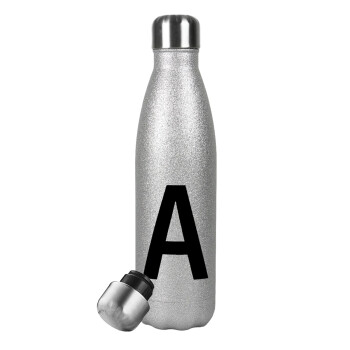 Μονόγραμμα , Metallic Glitter Silver Thermos Flask (Stainless steel), double-walled, 500ml