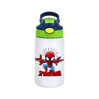 Spiderman flying, Children's hot water bottle, stainless steel, with safety straw, green, blue (350ml)