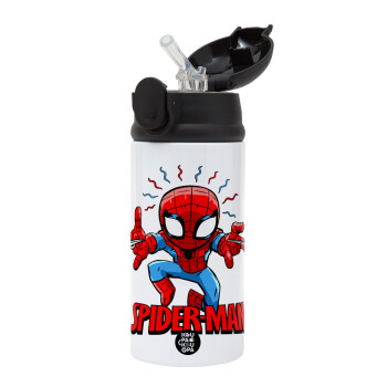 Spiderman flying, Children's hot water bottle, stainless steel, with safety straw, Black (360ml) BPA-FREE