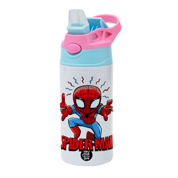 Spiderman flying, Children's hot water bottle, stainless steel, with safety straw, Pink/BlueCiel (360ml) BPA FREE