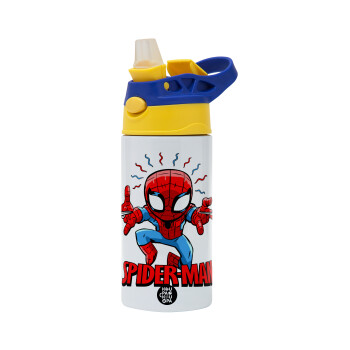 Spiderman flying, Children's hot water bottle, stainless steel, with safety straw, green, blue (360ml) BPA FREE