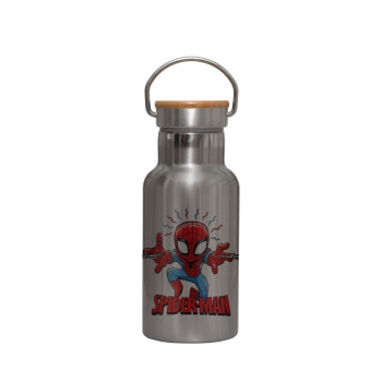 Spiderman flying, Stainless steel metallic thermos flask, silver with a bamboo lid, double-walled, 350ml.