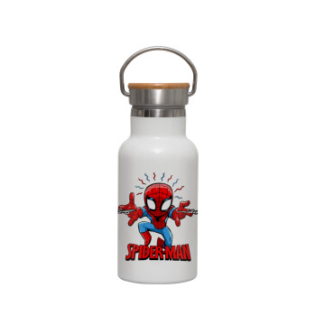 Spiderman flying, Metallic thermos (Stainless steel) White with wooden lid (bamboo), double-walled, 350ml