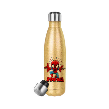 Spiderman flying, Glitter gold stainless steel thermos bottle, double-walled, 500ml