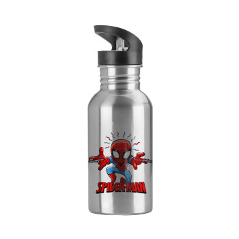Spiderman flying, Water bottle Silver with straw, stainless steel 600ml