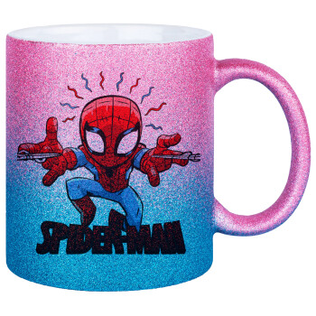 Spiderman flying, Κούπα Χρυσή/Μπλε Glitter, κεραμική, 330ml