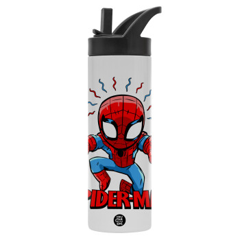 Spiderman flying, Metallic thermos bottle with straw & handle, stainless steel (Stainless steel 304), double-walled, 600ml.