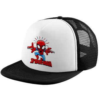 Spiderman flying, Child's Soft Trucker Hat with BLACK/WHITE Mesh (POLYESTER, CHILD, ONE SIZE)