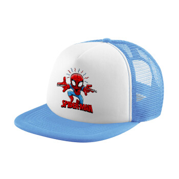 Spiderman flying, Child's Soft Trucker Hat with Blue/White Mesh (POLYESTER, CHILD, ONE SIZE)