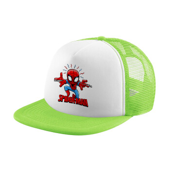 Spiderman flying, Adult Soft Trucker Hat with Mesh GREEN/WHITE (POLYESTER, ADULT, ONE SIZE)