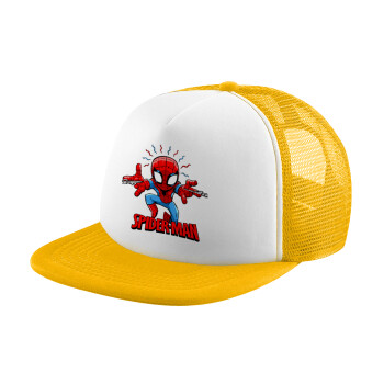 Spiderman flying, Adult Soft Trucker Hat with Yellow/White Mesh (POLYESTER, ADULT, UNISEX, ONE SIZE)