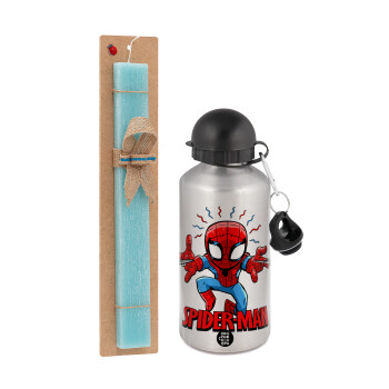 Spiderman flying, Easter Set, metallic silver aluminum water bottle (500ml) & scented flat Easter candle (30cm) (TURQUOISE)