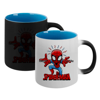 Spiderman flying, Κούπα Μαγική εσωτερικό μπλε, κεραμική 330ml που αλλάζει χρώμα με το ζεστό ρόφημα (1 τεμάχιο)