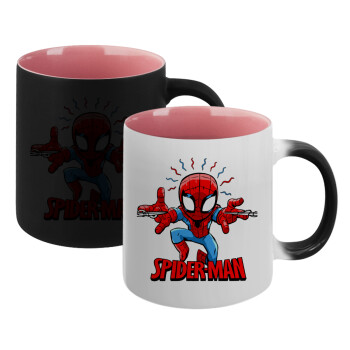 Spiderman flying, Κούπα Μαγική εσωτερικό ΡΟΖ, κεραμική 330ml που αλλάζει χρώμα με το ζεστό ρόφημα (1 τεμάχιο)