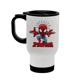 Spiderman flying, Κούπα ταξιδιού ανοξείδωτη με καπάκι, διπλού τοιχώματος (θερμό) λευκή 450ml