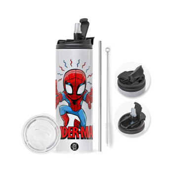 Spiderman flying, Travel Tumbler θερμό με διπλό καπάκι, μεταλλικό καλαμάκι και βούρτσα καθαρισμού (Ανωξείδωτο 304 Food grade, BPA free, 600ml)