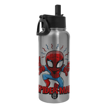 Spiderman flying, Metal mug thermo Silver with Straw and Spout Lid (Stainless steel), double wall, 950ml